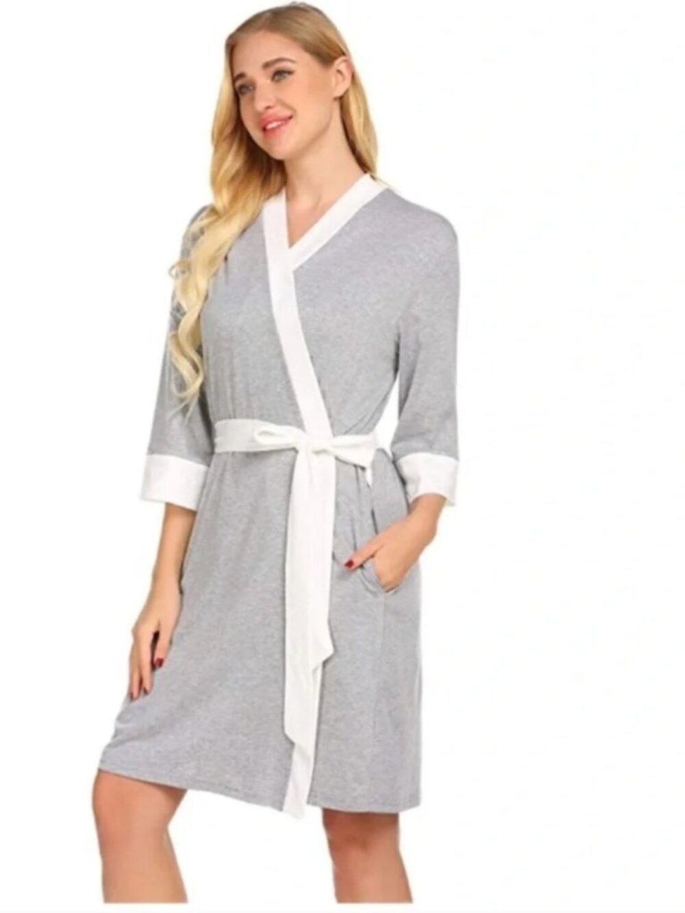 Ekouaer | Maternity Breastfeeding Nursing Robe in Gray White SMALL - NWT